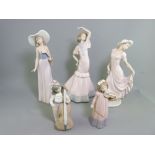 NAO PORCELAIN GROUP OF FIVE FIGURINES depicting two bonneted lady's and one other and two young