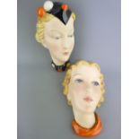 KERAMOS ART DECO POTTERY WALL HEADS, colourful stylized ladies' faces, Numbered 1431 and 1433 with