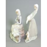 LLADRO FIGURINES - a girl with a dog and a goose and another petting a lamb