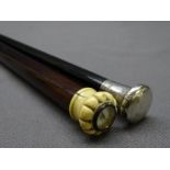 19TH CENTURY ROSEWOOD WALKING CANE with inset compass and silver mounted cane