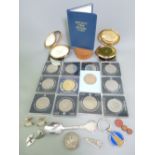 COMMEMORATIVE CROWNS, leather stud box, vintage powder compacts and other collectables
