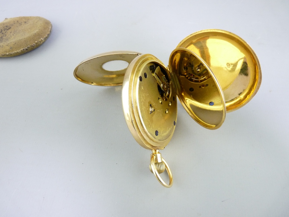 18CT GOLD KEYLESS WIND HALF HUNTER POCKET WATCH having black outer case Roman numerals repeated to - Image 2 of 5