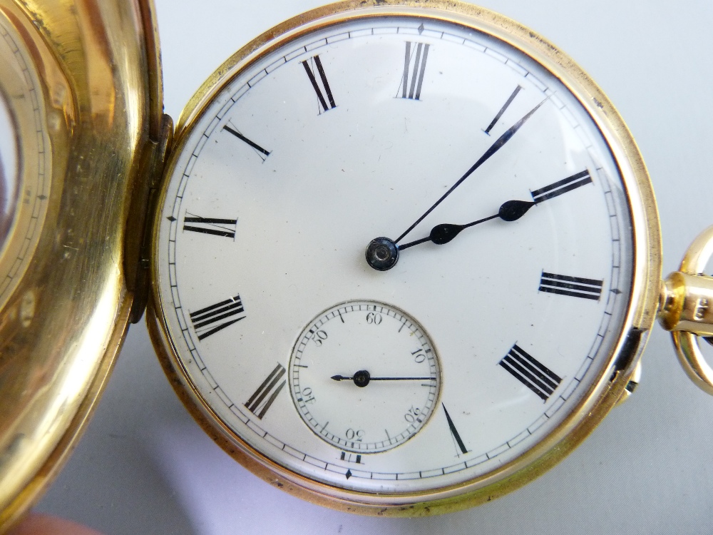 18CT GOLD KEYLESS WIND HALF HUNTER POCKET WATCH having black outer case Roman numerals repeated to - Image 3 of 5