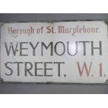 ENAMEL SIGN - London street sign within frame, Borough of St Marylebone, Weymouth Street, W1, 46 x