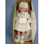 VINTAGE PORCELAIN DOLL, CIRCA 1960s, blonde wig with sleepy brown eyes and open mouth showing teeth,