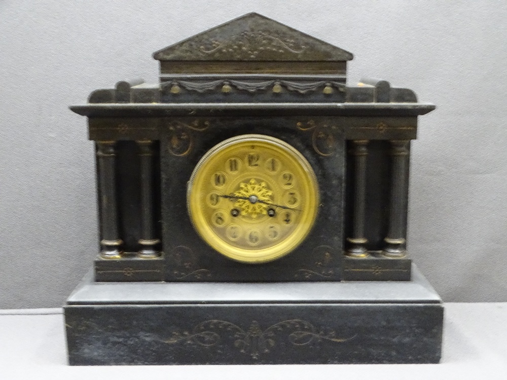 VICTORIAN CLASSICAL PEDIMENT & COLUMN POLISHED SLATE MANTEL CLOCK