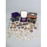 VINTAGE COINS, two pairs of opera glasses and a John Pinches City & Guilds exam medallion ETC