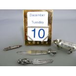 SILVER GILT PERPETUAL DESK CALENDAR and other collectable silver to include two bookmarks, a