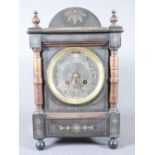 JAPY FRERES & COMPANY BRACKET CLOCK with pillared front and inlaid detail, 30cms H, 19cms W, 13cms