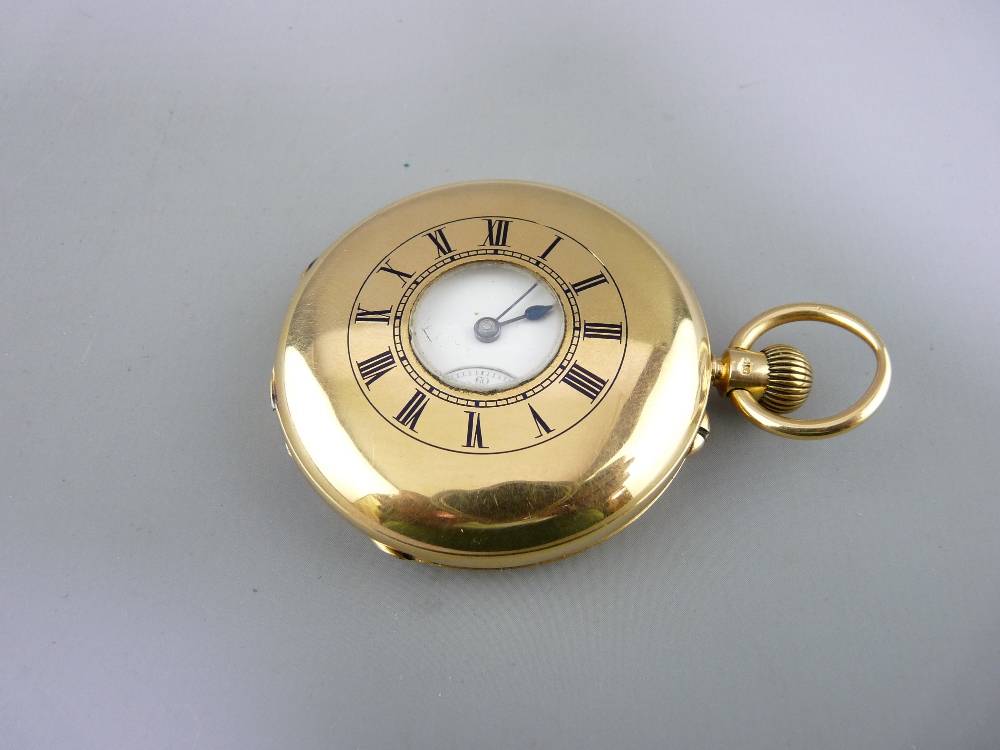 18CT GOLD KEYLESS WIND HALF HUNTER POCKET WATCH having black outer case Roman numerals repeated to