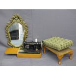 FOOT STOOL with tapestry top, a fancy wall mirror and a vintage Singer sewing machine