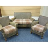 VINTAGE THREE PIECE SUITE comprising compact re-upholstered leather sofa with stud detail and tartan