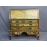 CIRCA 1900s WALNUT BUREAU with unusual two lower drawers on pad feet, 105cms H, 104cms W, 50cms D