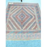 CAZAK RUG - tonal red and blue ground with singular diamond central pattern and triple bordered