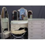 FRENCH STYLE BEDROOM FURNITURE - narrow chest of five drawers, dressing table, cheval mirror with