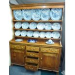 GEORGE IV NORTH WALES ELM & PINE DRESSER with mixed blue and white pottery dresser set, three