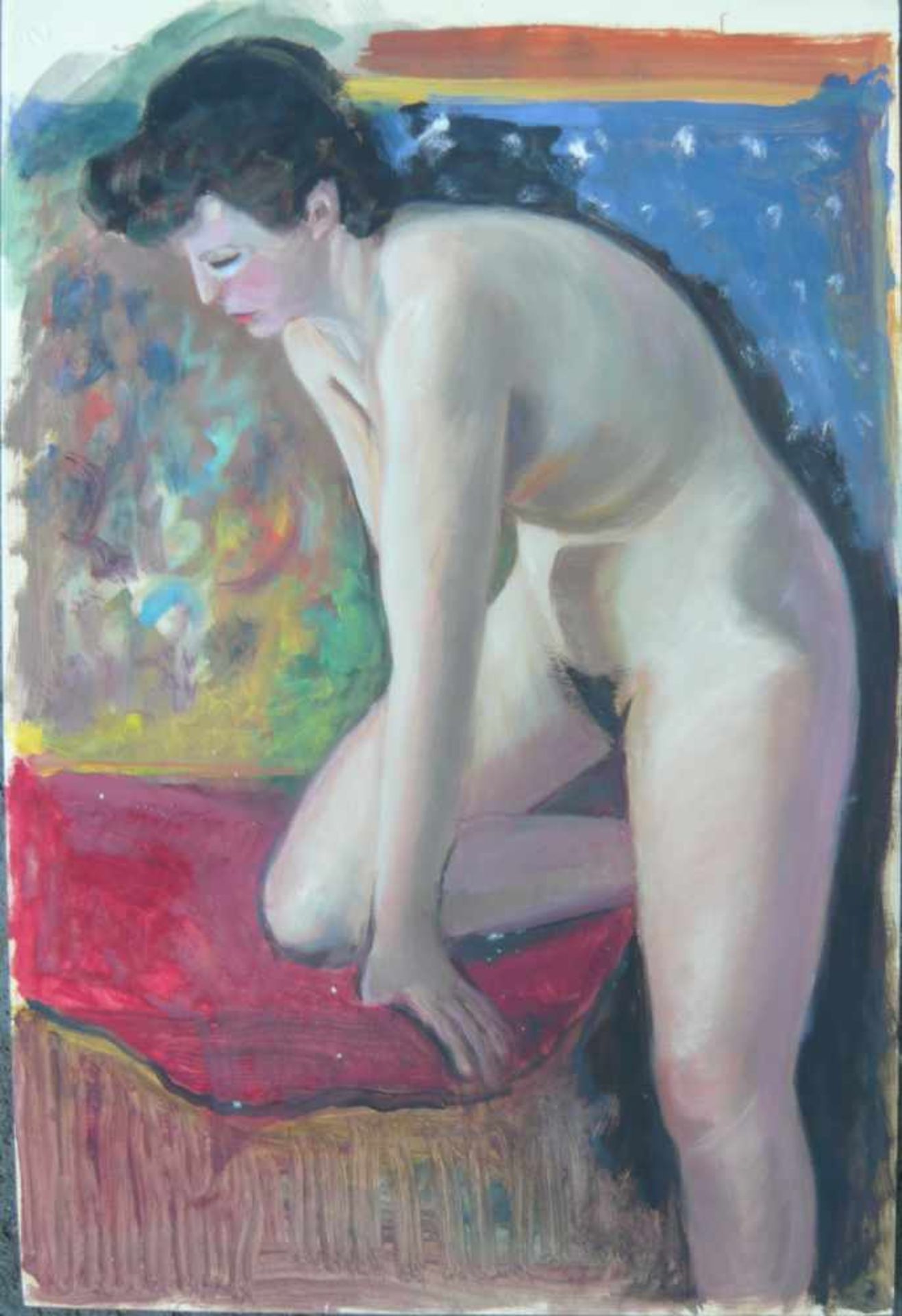 Rudolf Burger (*1903 - 1995, Wien). Sitzende Nackte. Mischtechnik/Karton. Bildmaß ca. 42x62 cm.