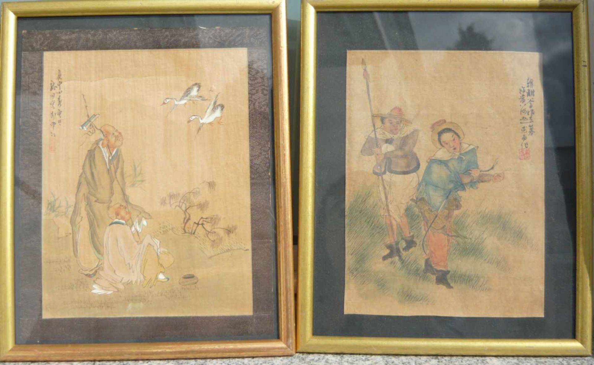 Folge von vier chinesischen handgemalten Bildern. Hinter Glas gerahmt. Wohl antik. Rahmen je ca. - Bild 3 aus 3