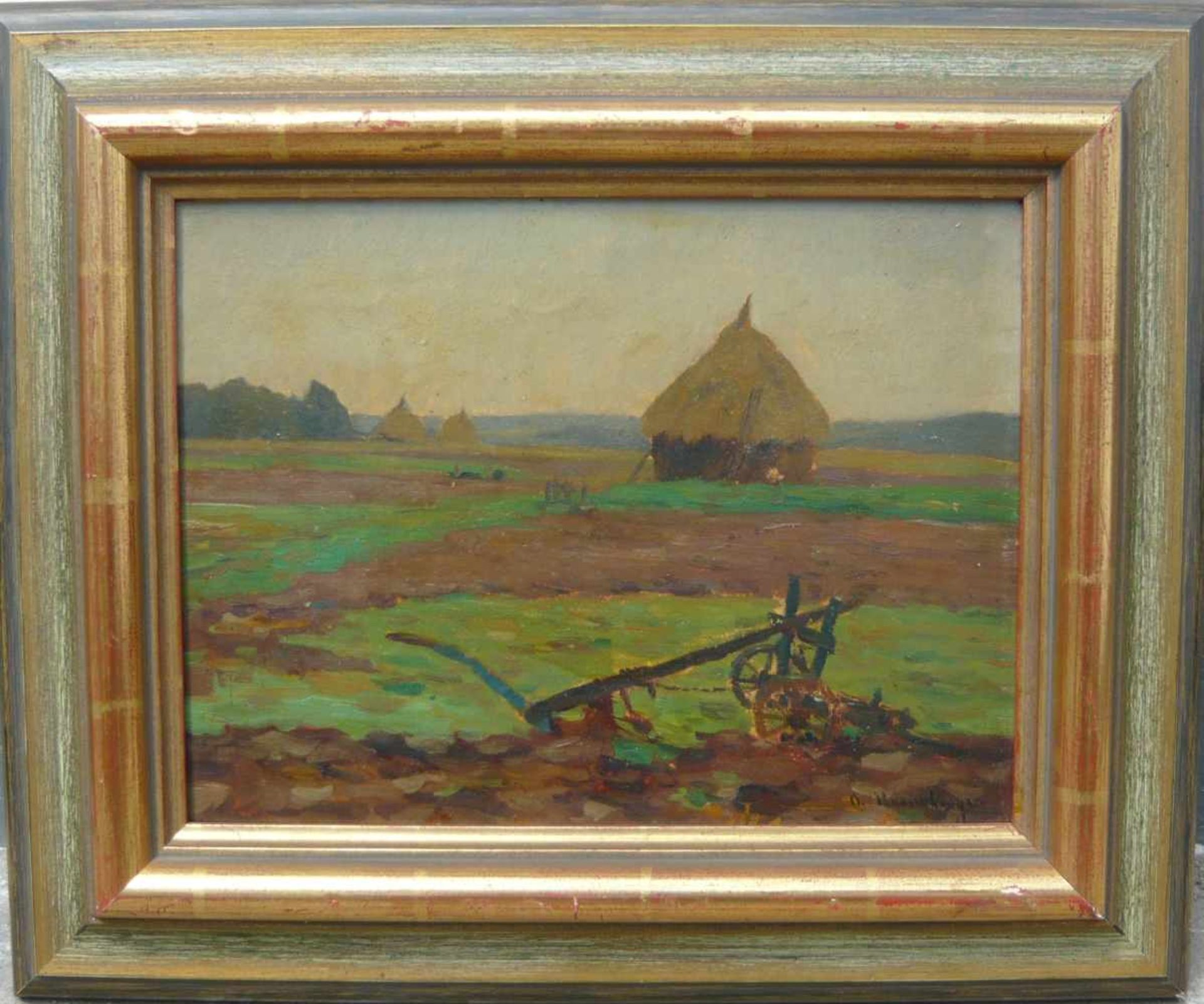 Alfred Rasenberger (*1885, Düsseldorf - 1948, ebd.). Landschaft mit Pflug und Heugarben. Öl/