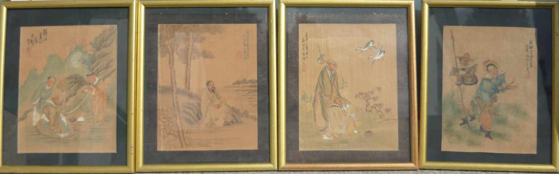Folge von vier chinesischen handgemalten Bildern. Hinter Glas gerahmt. Wohl antik. Rahmen je ca.