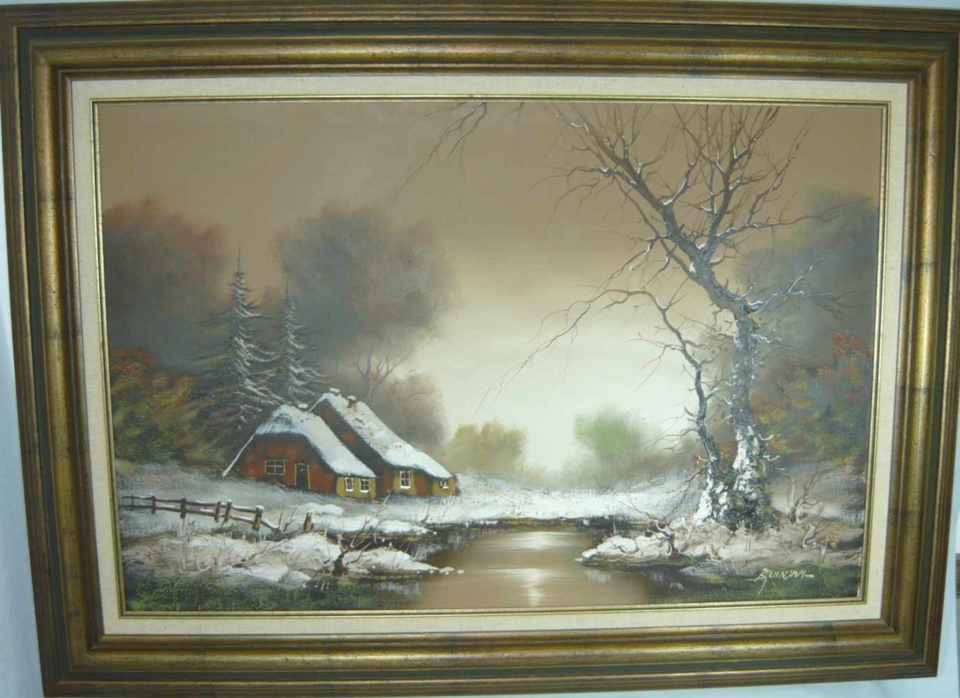 Unbek. Künstler. Winterliche Ansicht mit Haus am See. Öl/LW. Sign. u. re. Rahmen ca. 82x112 cm.