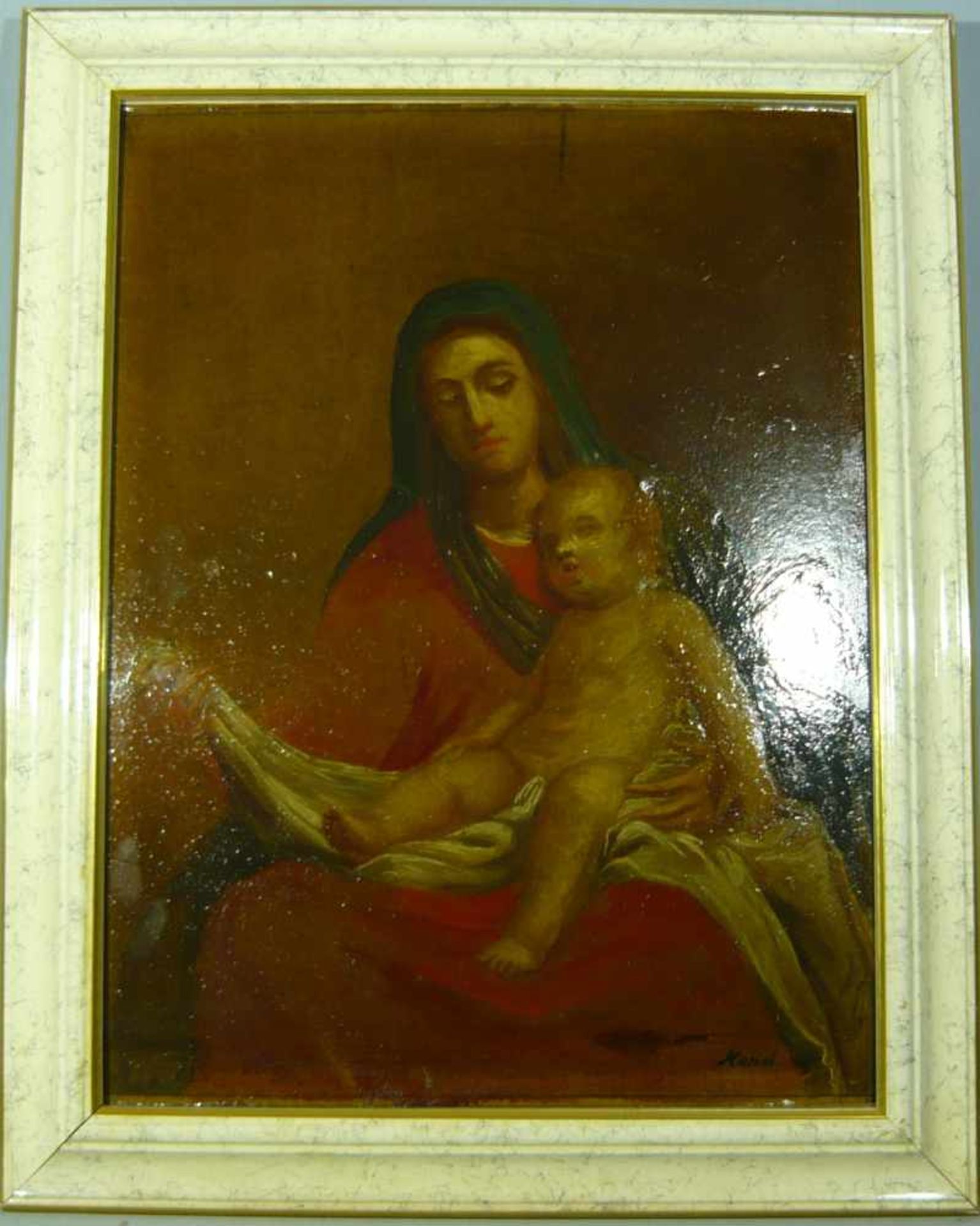Unbek. Künstler. Maria mit Jesuskind. Öl/LW. Alt o. antik. Rahmen ca. 38x47 cm.Unknown artist.