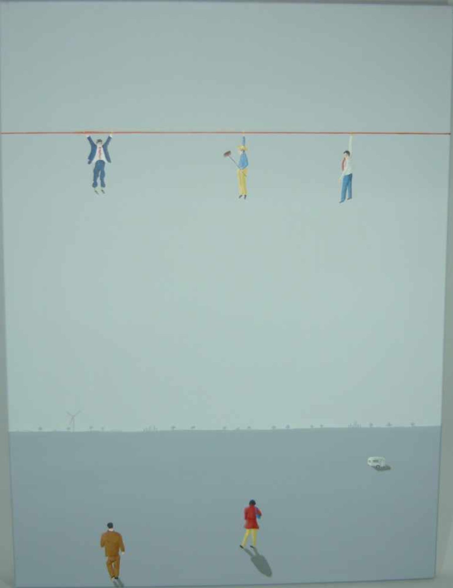 Jens Ulrich Petersen (*1947, Hou, Dänemark). Weite Landschaft mit Menschen, tlw. an Leine hängend.