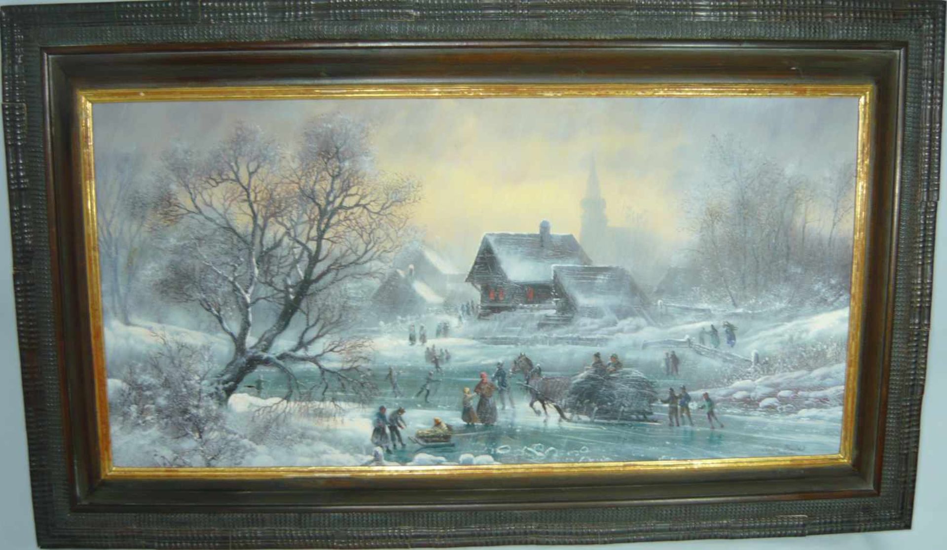 Anton Butz, München. Szenenreiche Winterlandschaft. Öl/Holz. Sign. u. re. Rahmen ca. 61x98 cm.