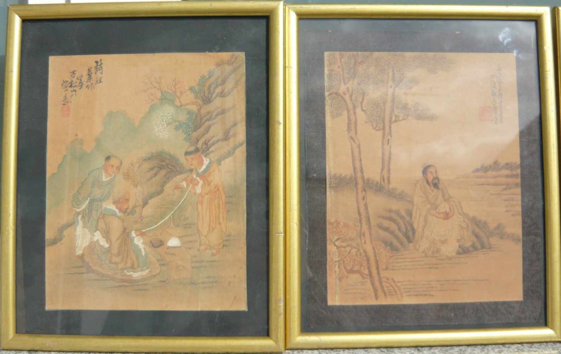 Folge von vier chinesischen handgemalten Bildern. Hinter Glas gerahmt. Wohl antik. Rahmen je ca. - Bild 2 aus 3