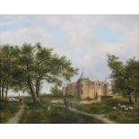 Bogaert, Johann G. L. van den. 1876 -1950.Landschaft mit Schloss und Figurenstaffage. Rechts u.