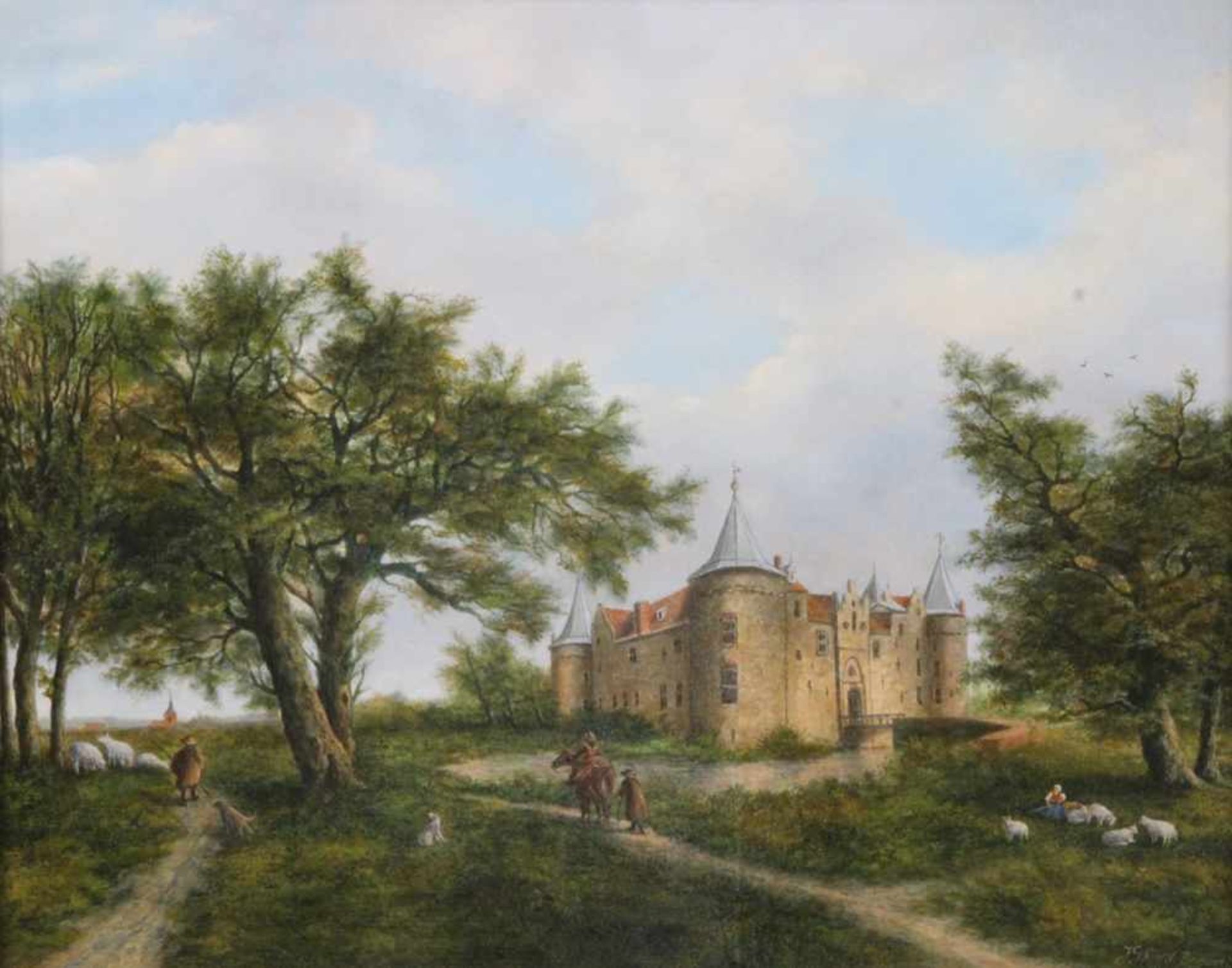 Bogaert, Johann G. L. van den. 1876 -1950.Landschaft mit Schloss und Figurenstaffage. Rechts u.