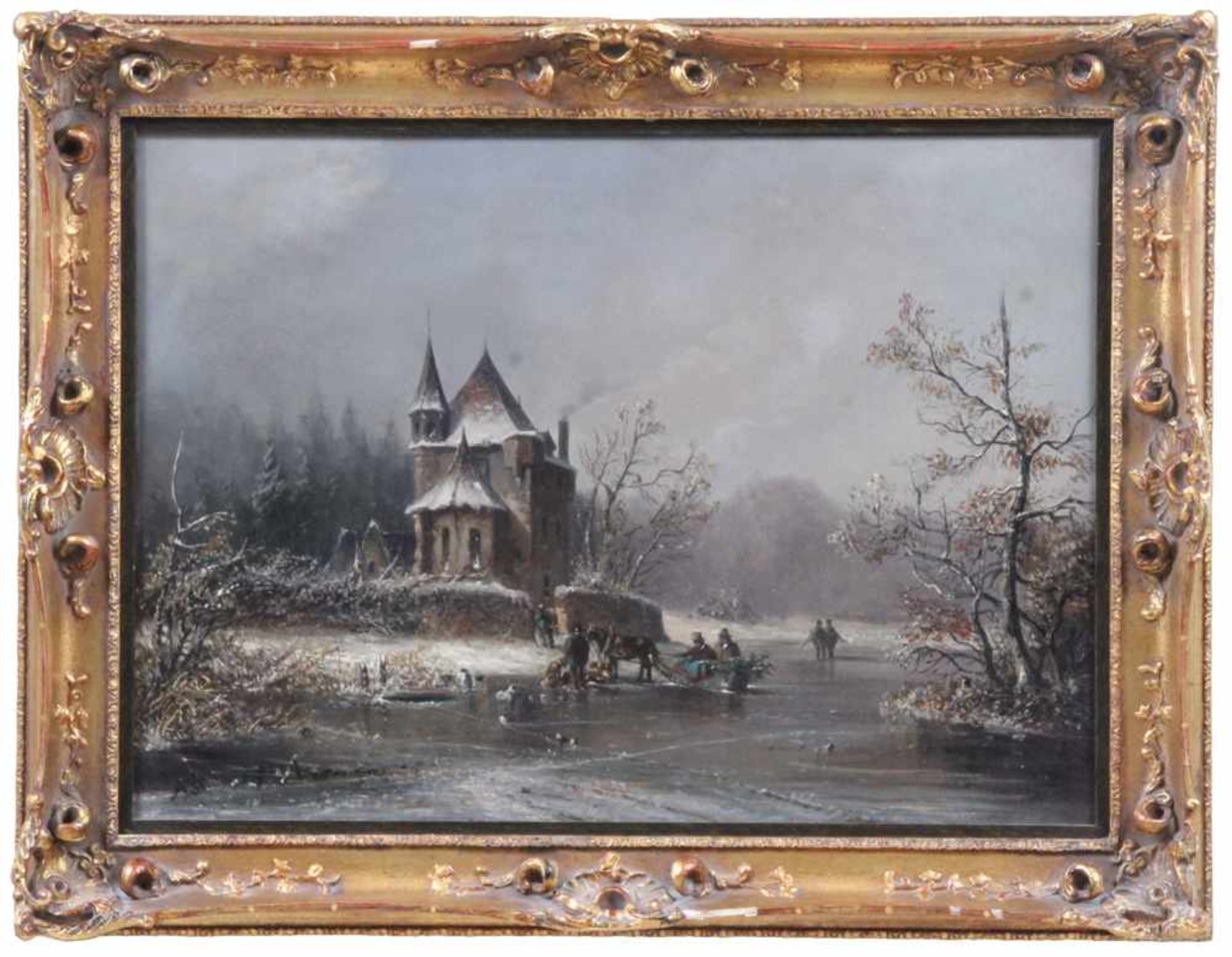 Stademann, Adolf. München 1824 - 1895 ebenda.Winterlandschaft mit Pferdeschlitten und - Bild 2 aus 2