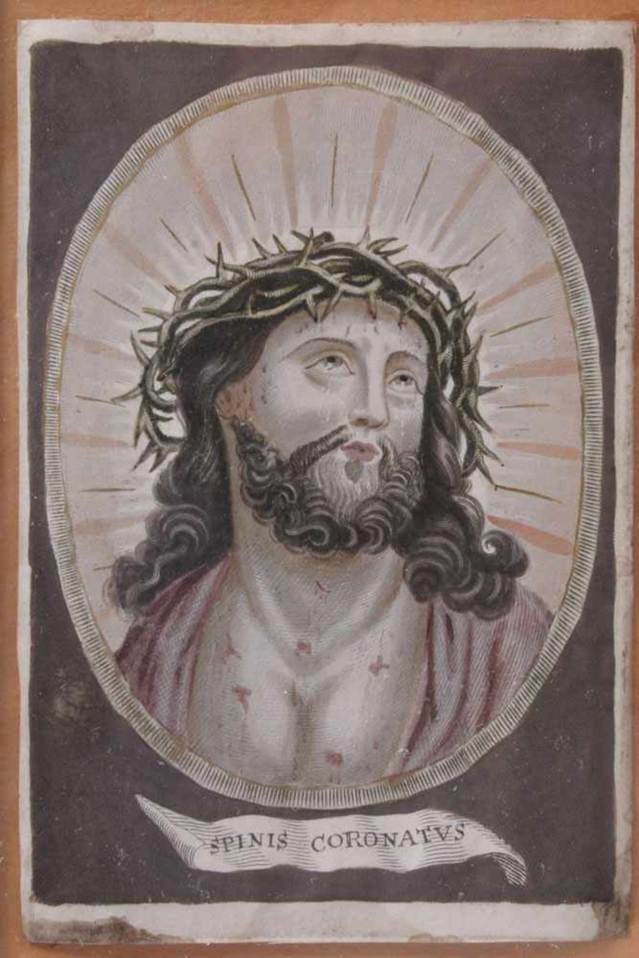Zwei Heiligenbilder.Aquarell. Christus mit Dornenkrone und S. Georgius. Im Passepartout, unter Glas.