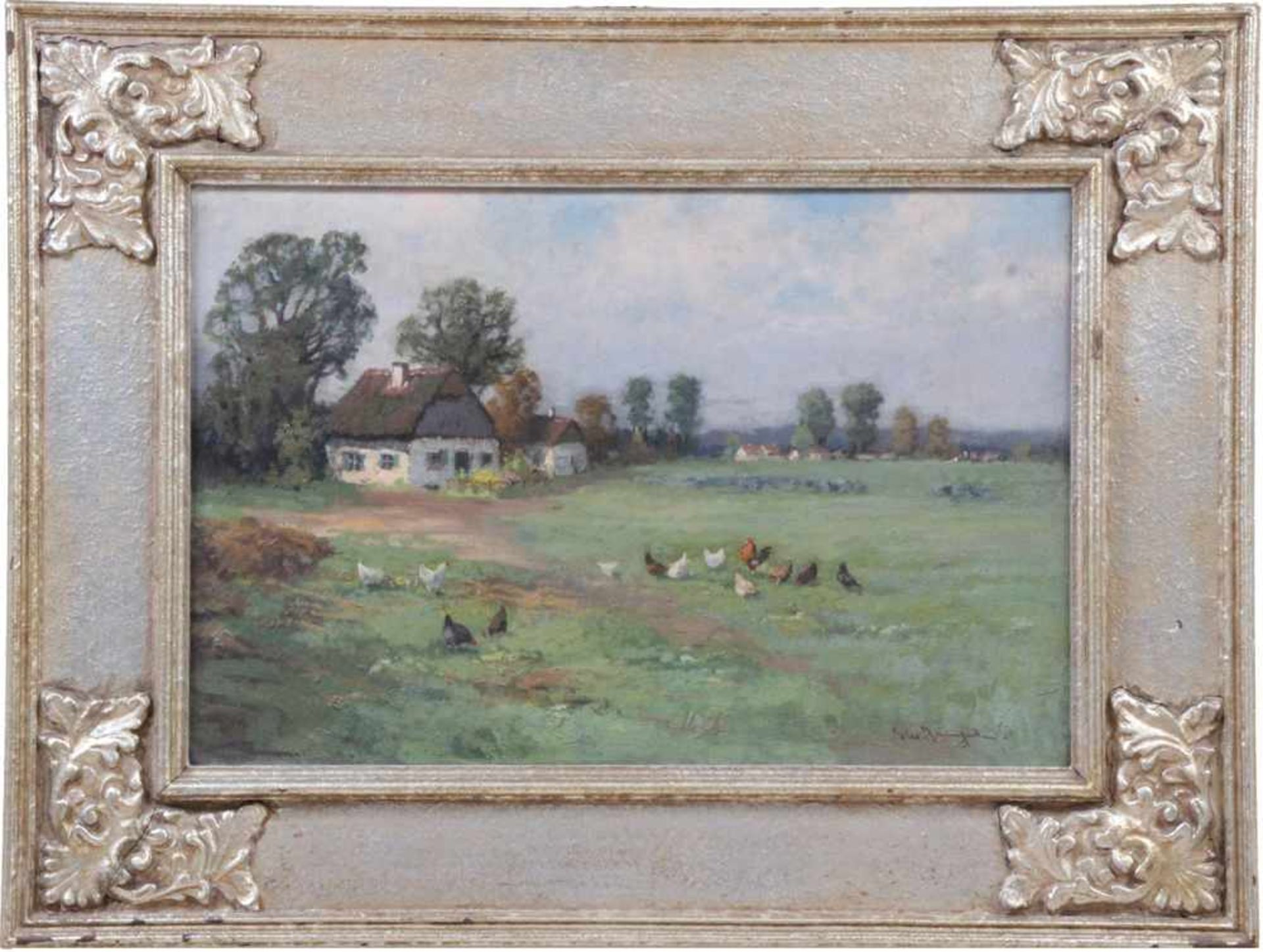 Müller - Baumgarten, Carl. Leipzig 1879 - München.Hühnerschar vor Bauerngehöft. R. u. sign. Öl/ - Bild 2 aus 2