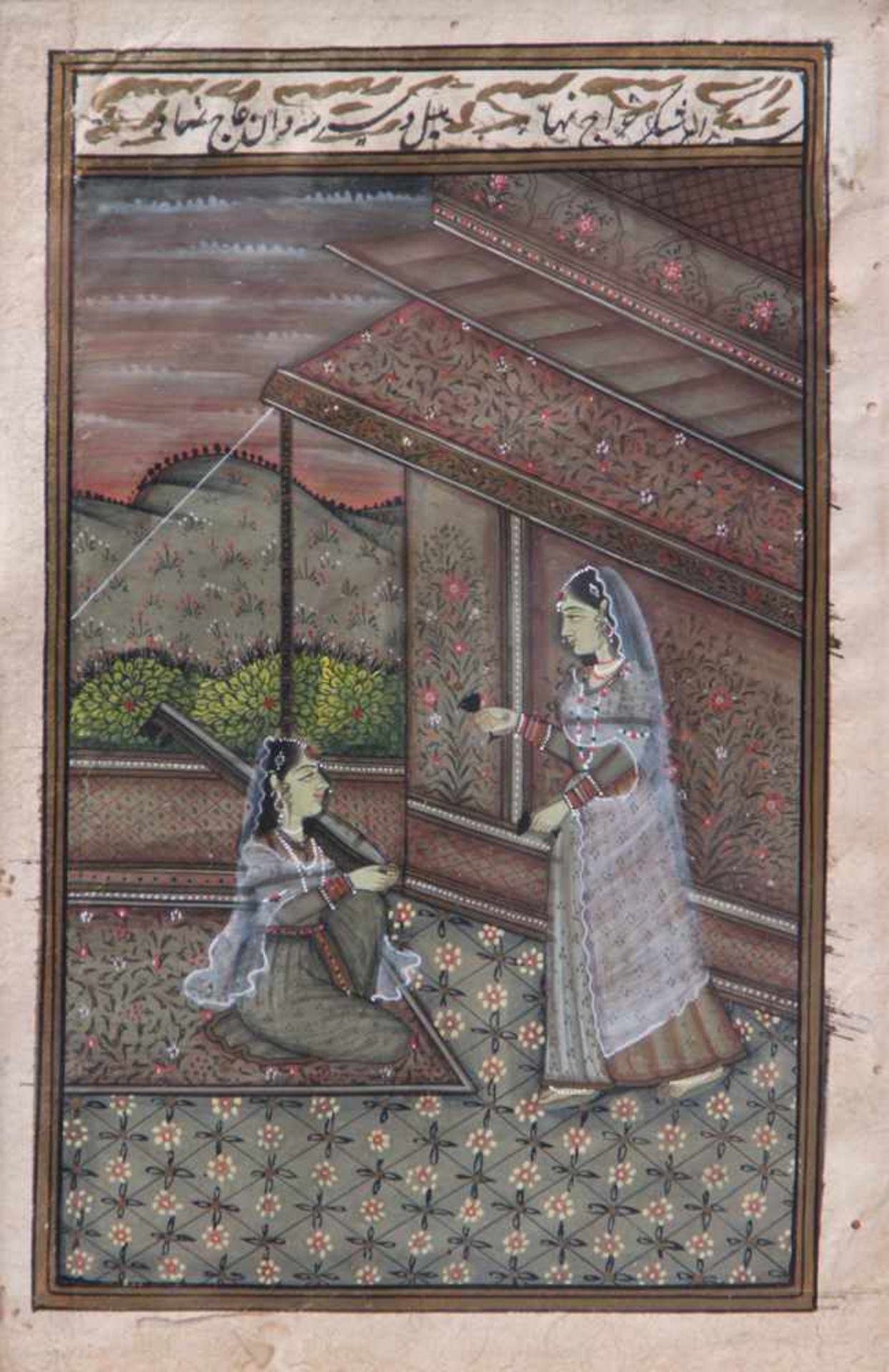 Indien, 19. Jh.Zwei Blätter bemalt mit versch. Darstellungen. Feine Pigmentmalerei auf Papier. Unter
