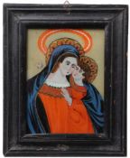 Hinterglasbild.Sandl od. Buchers. 19. Jh. Maria mit dem Jesuskind. H: 19 x 14 cm. Holzabdeckung.