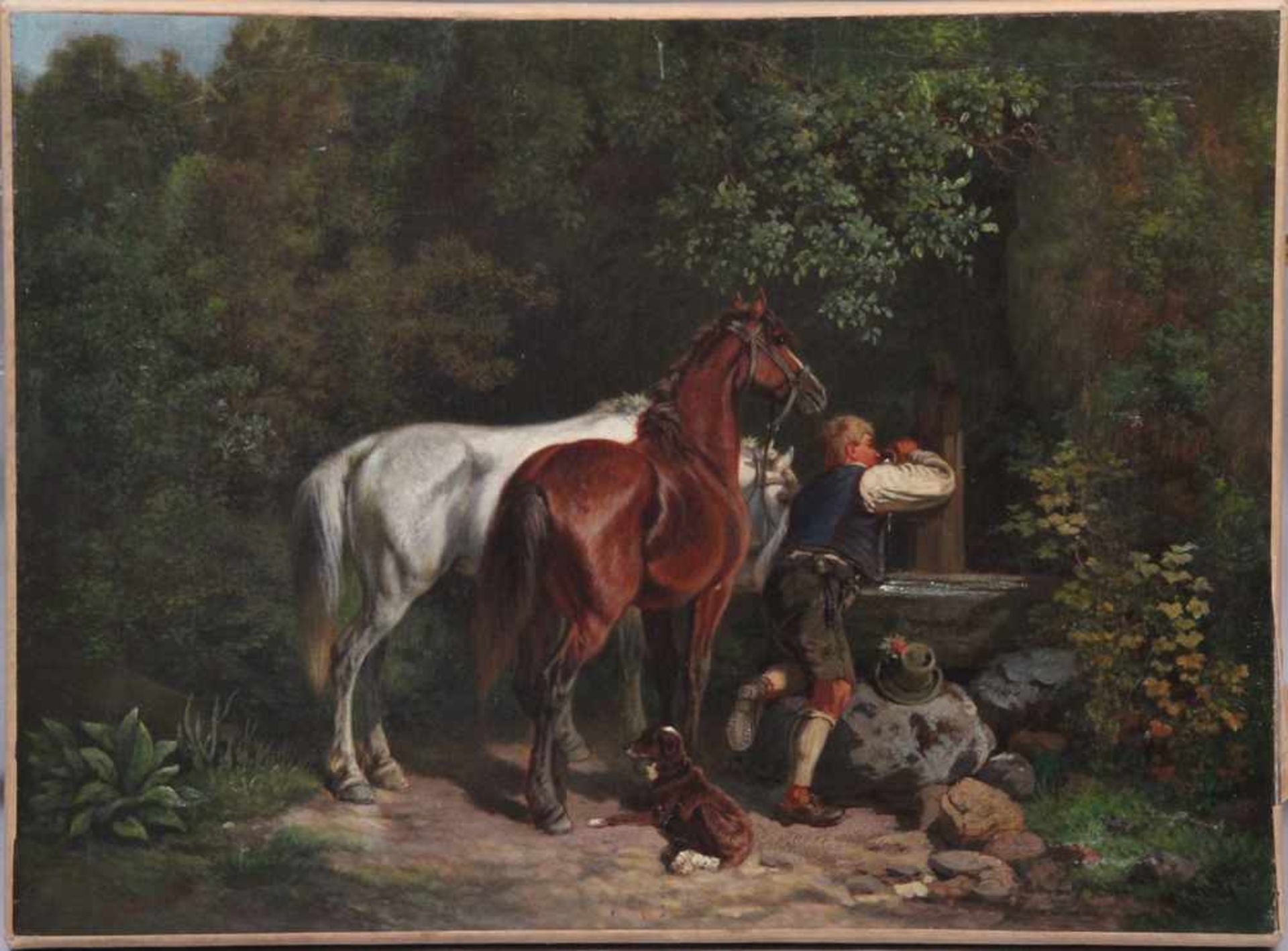 Venne, Adolf van der. Wien 1828 - 1911 Schweinfurt.Knecht mit zwei Pferden am Brunnen. Links u.