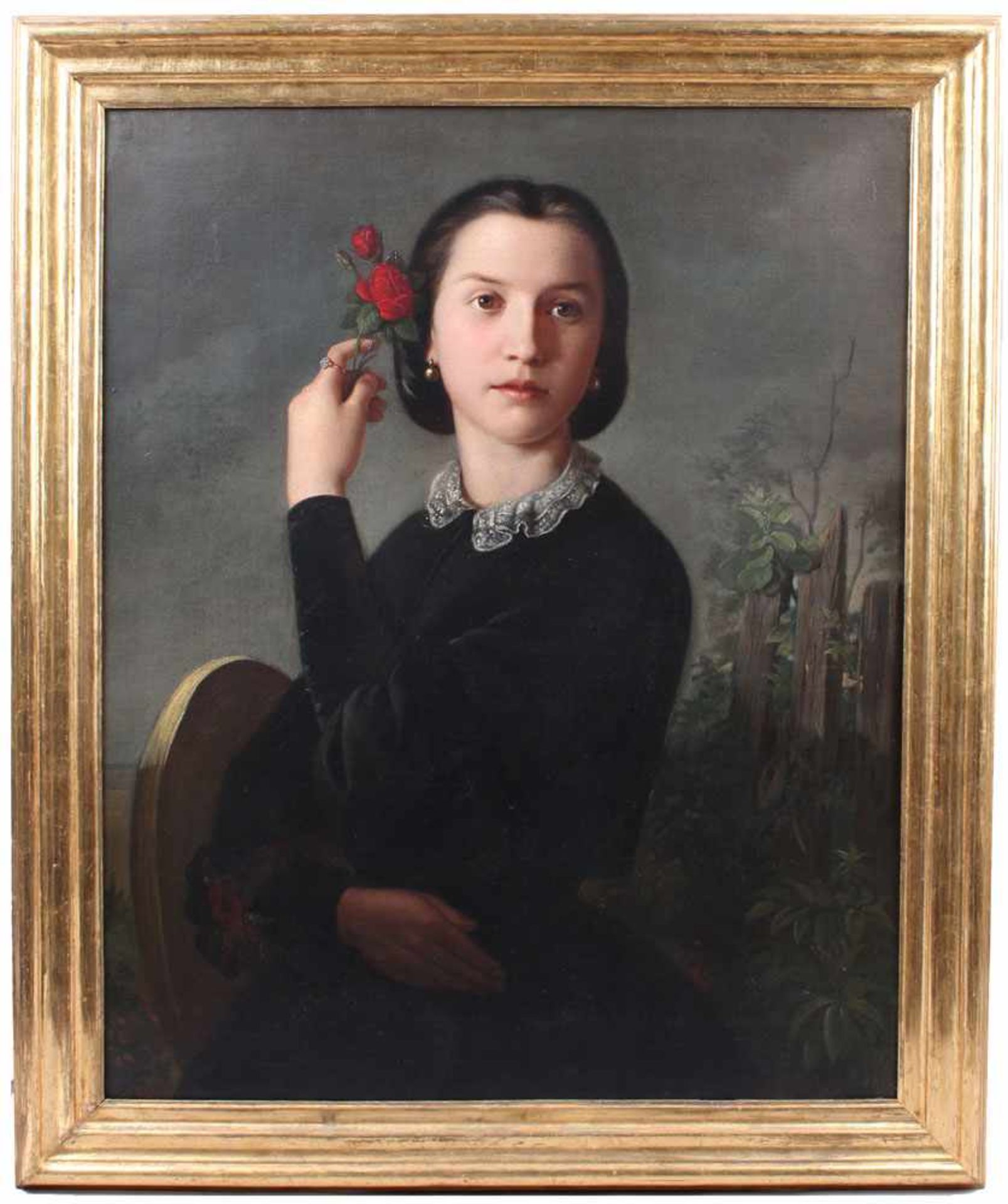 Damenportrait.Süddeutsch, 1. H. 19. Jh. Vor Landschaftshintergrund junges Mädchen im - Bild 2 aus 2