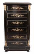 Chiffoniere.Napoleon III. Eiche massiv, schwarz lackiert, Hoher, sechs schübiger Korpus.