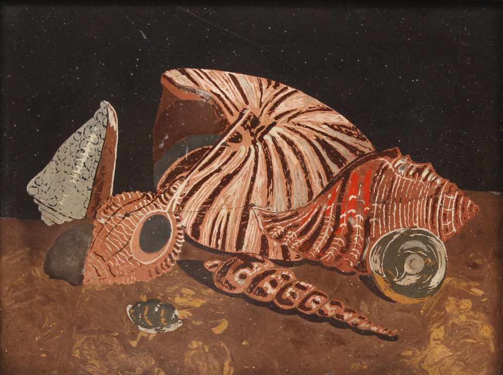 Scagliola-Stillleben.Italien, 19. Jh. Verschiedene Muscheln auf Steinplatte. H: 18,5 x 23,5 cm.