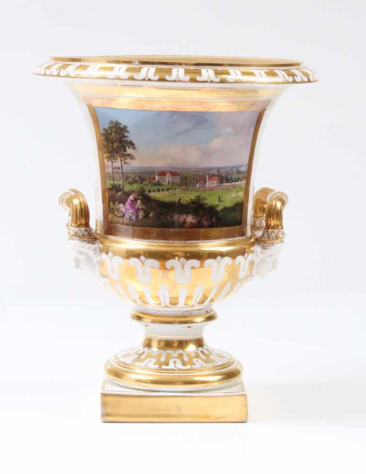 Kratervase.Nymphenburg, um 1825. Vase No. "20". Auf quadratischer Sockelplatte mit rundem Fuß,