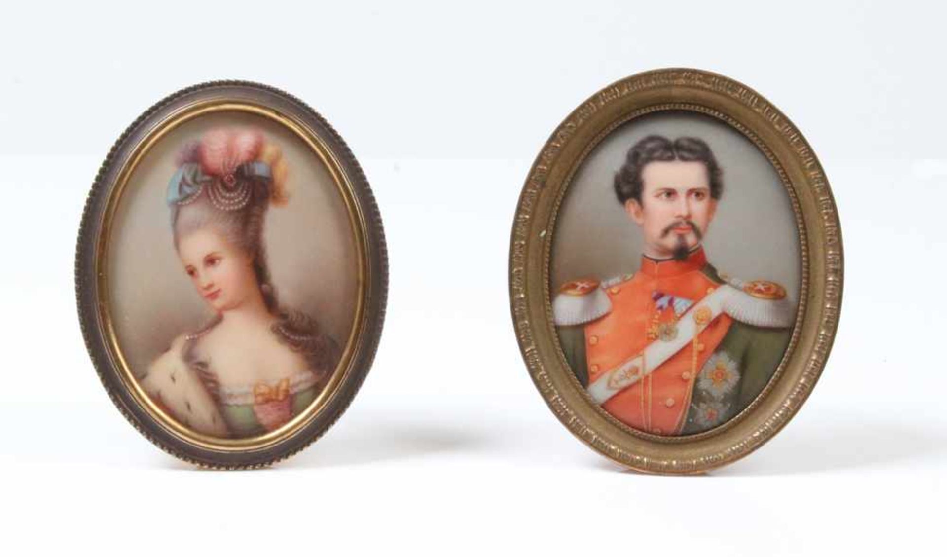 Zwei Miniaturen.Ende. 19. Jh. Portrait von König Ludwig II von Bayern, sowie ein Damenportrait.