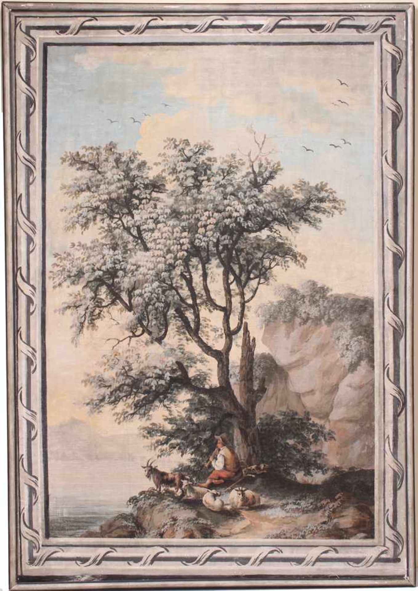 Frankreich, Ende 18. Jh.Paar Landschaftsgemälde mit Figurenstaffagen. Gouachen auf Lwd. H: 98 x 67 - Bild 2 aus 2