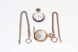 Goldsavonette.GG 585, Gew. 71g, Uhrkette, GG 333 Gew. 22g. Dazu weitere Taschenuhr, besch.