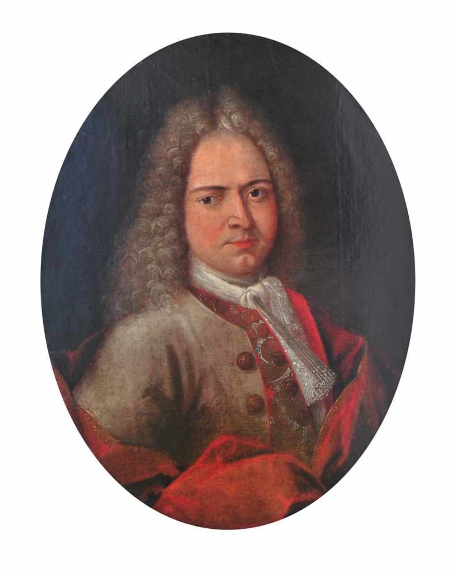 Herrenportrait 18. Jh.Ovales Portrait eines Herrn mit Allongeperücke und rotem Umhang. Öl/Lwd. H: 69