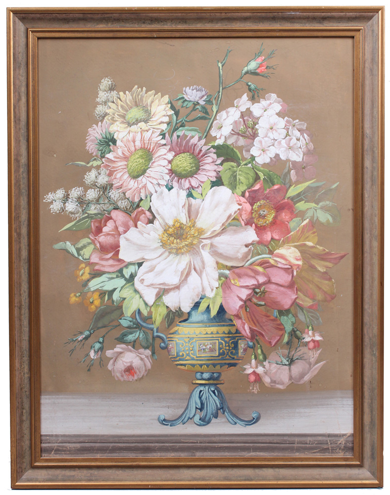 Frankreich, 19. Jh.In einer Vase üppig arrangiertes Stillleben aus Paeonien, Tulpen, Rosen,