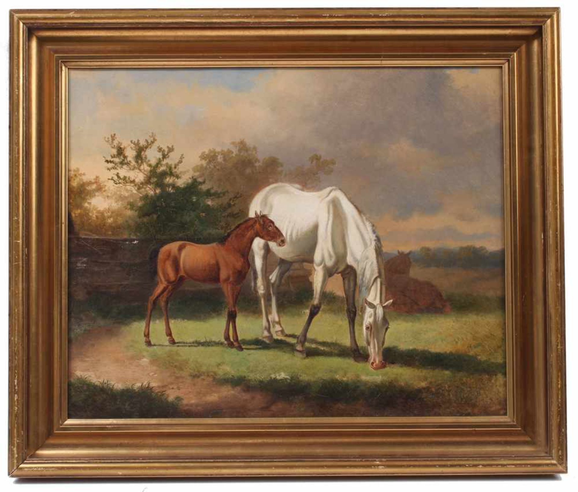 Unbekannt. 19./20. Jh.Pferde auf der Weide. Öl/Lwd. H: 35 x 49 cm. Rahmen H: 43 x 52 cm. - Image 2 of 2