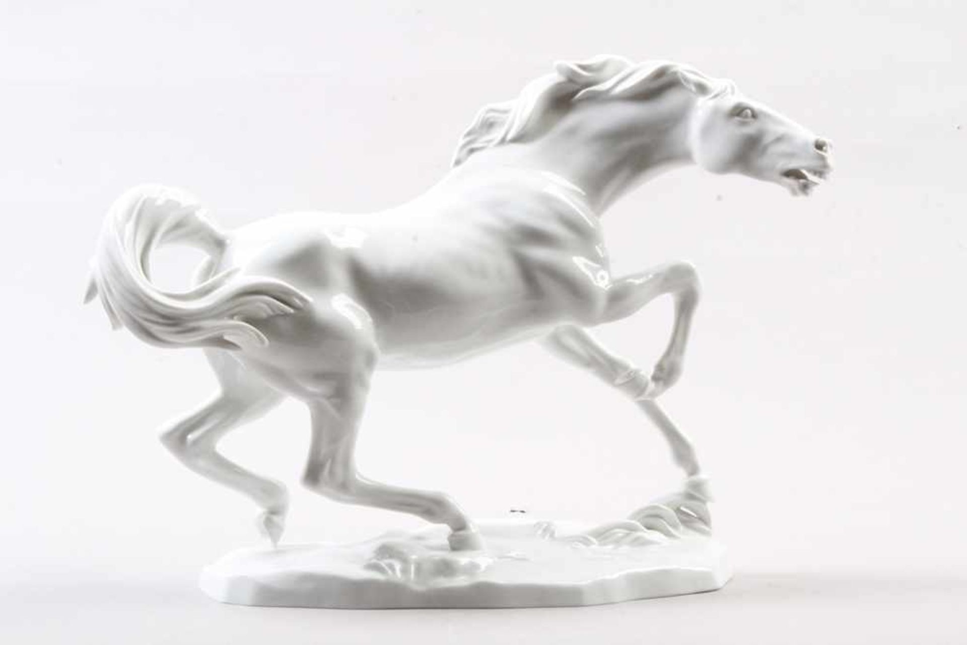 Porzellanfigur.Wien-Augarten. 20. Jh. Porzellan, weiße Glasur. Rasendes Pferd auf flachem Sockel.