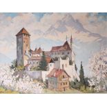 Koch, Otto. 1901 - 1974.Burganlage im Frühling. Links u. sign. Öl/Lwd. H: 73 x 98 cm. Rahmem H. 89 x