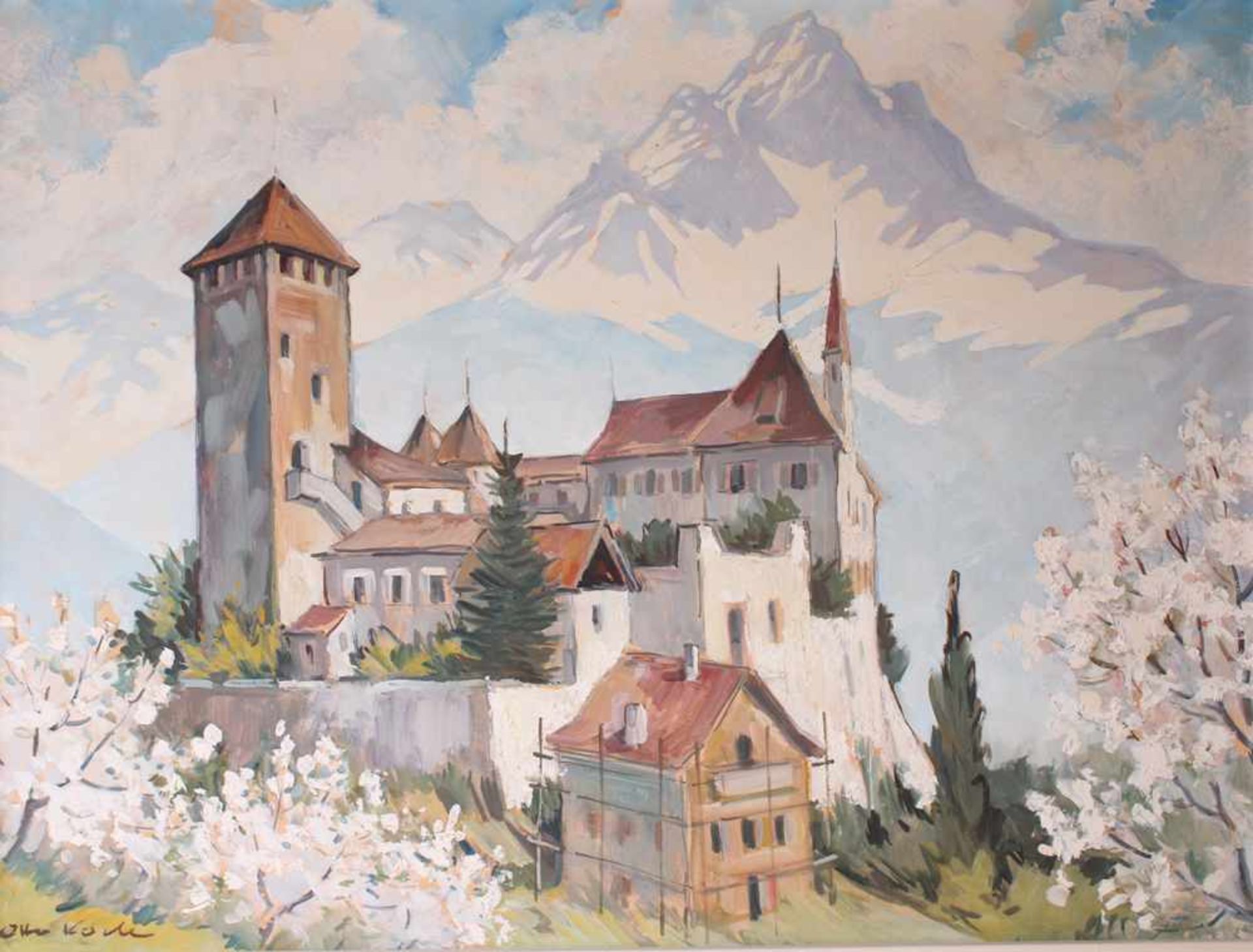 Koch, Otto. 1901 - 1974.Burganlage im Frühling. Links u. sign. Öl/Lwd. H: 73 x 98 cm. Rahmem H. 89 x